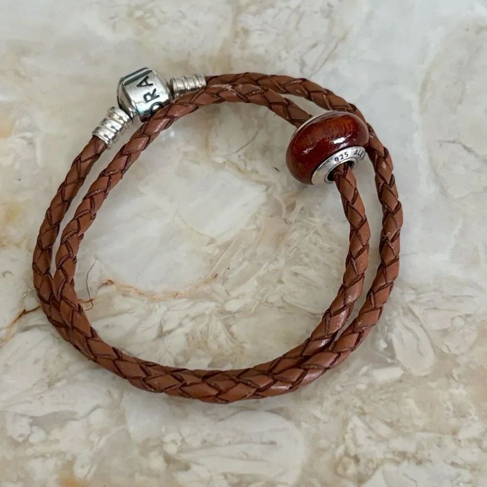 Pandora Leather Double Wrap Sterling Silver Barrel Clasp Bracelet & Pandora Bead